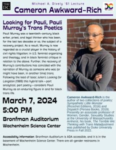 Cameron Awkward-Rich Lecture on Black trans poetics, March 7, 5 PM